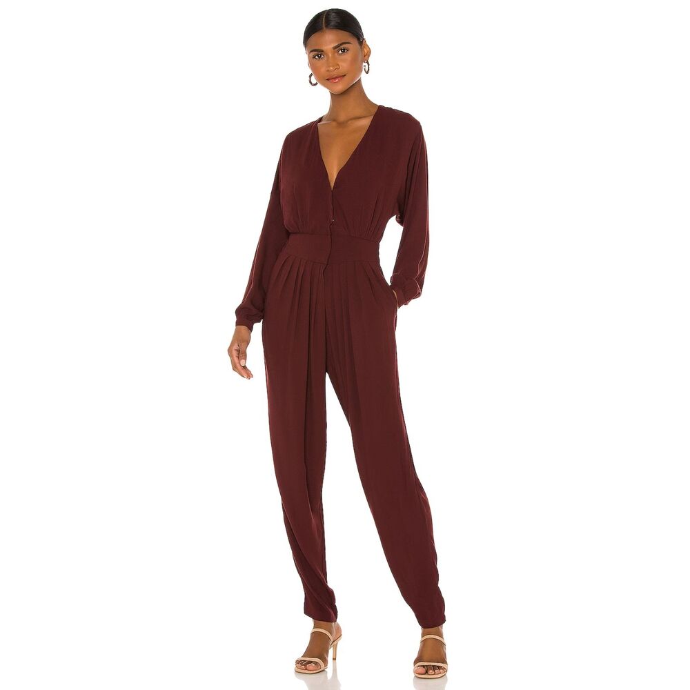 INDAH Womens Jumpsuit Small Burgundy Pleated Tapered Leg Cinched Waist GIANYAR